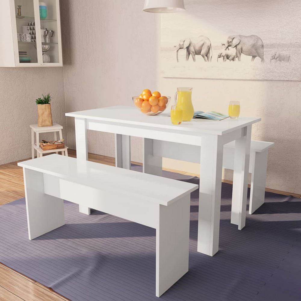 Vidaxl Jedálenský stôl a lavičky z drevotriesky, 3 kusy, biele